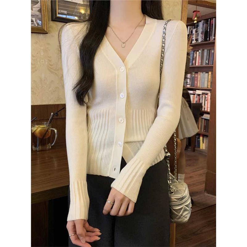 Cardigan tricotat, decolteu în V, mâneci lungi, croi slim, țesătură tricotată din viscose