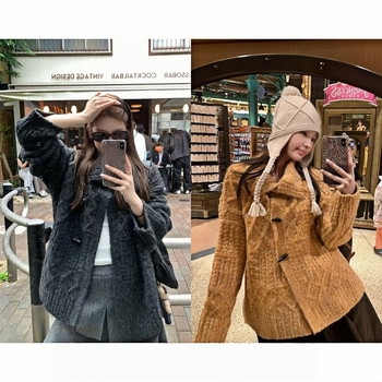 Pulover cardigan gros, guler rever, amestec acrilic-poliester, croi lejer, mâneci lungi