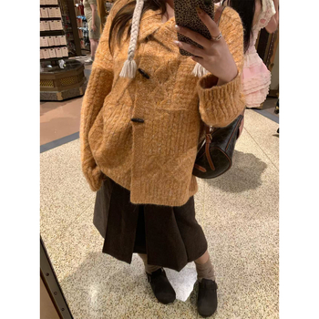 Pulover cardigan gros, guler rever, amestec acrilic-poliester, croi lejer, mâneci lungi