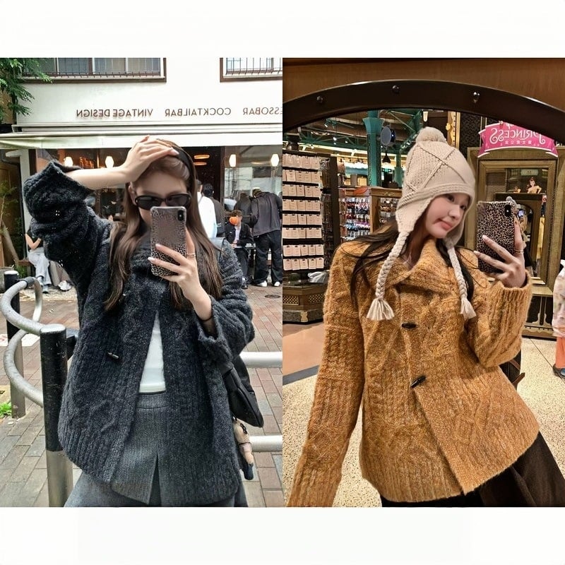 Pulover cardigan gros, guler rever, amestec acrilic-poliester, croi lejer, mâneci lungi