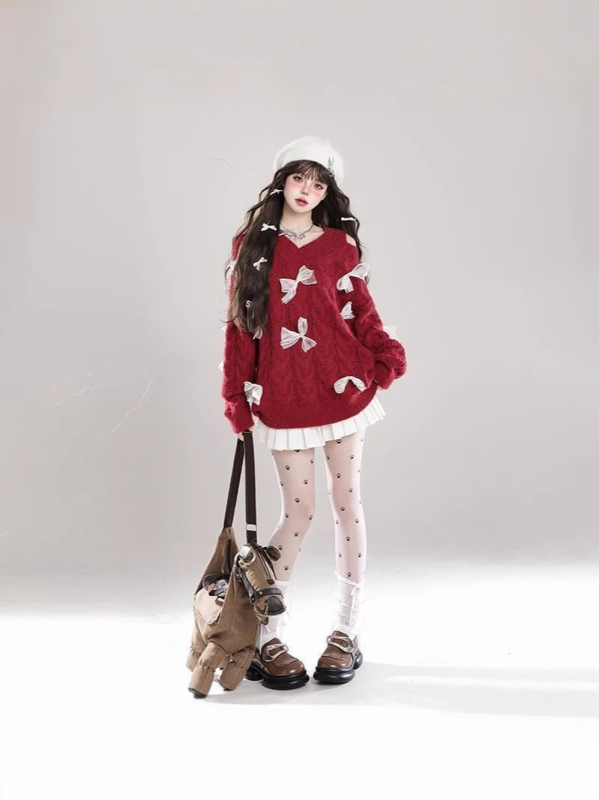 Pulover cu model papion, decolteu în V, mâneci normale, 95% poliester