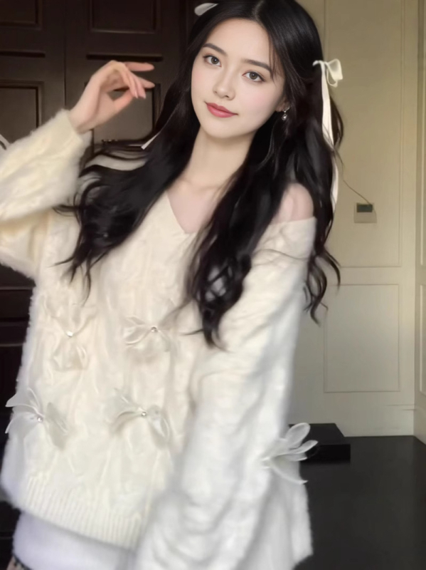 Pulover cu model papion, decolteu în V, mâneci normale, 95% poliester