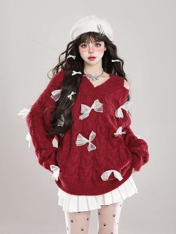 Pulover cu model papion, decolteu în V, mâneci normale, 95% poliester