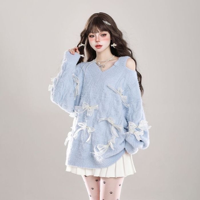 Pulover cu model papion, decolteu în V, mâneci normale, 95% poliester