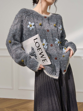 Cardigan, Amestec gros de lână, Broderie și Patchwork, Guler rotund, Mâneci lungi