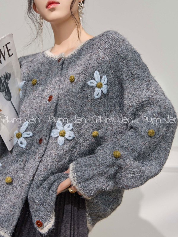 Cardigan, Amestec gros de lână, Broderie și Patchwork, Guler rotund, Mâneci lungi