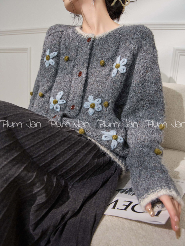 Cardigan, Amestec gros de lână, Broderie și Patchwork, Guler rotund, Mâneci lungi