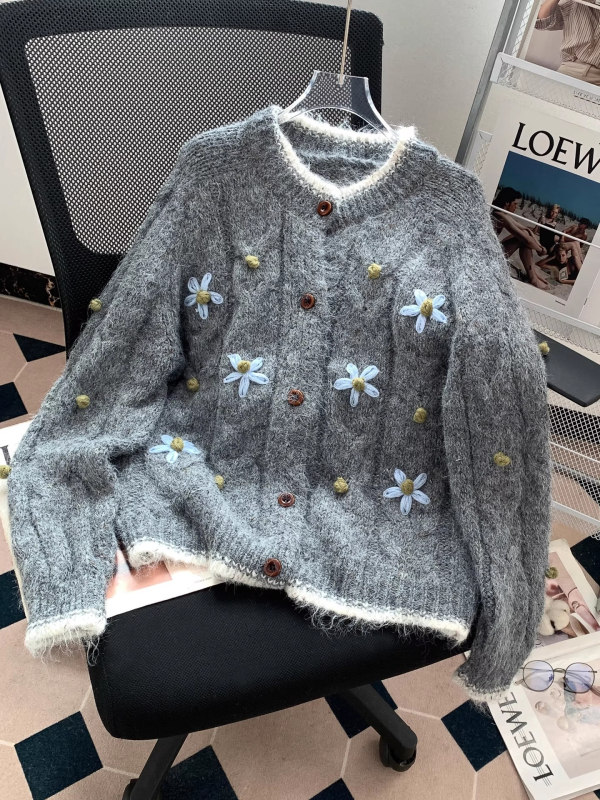 Cardigan, Amestec gros de lână, Broderie și Patchwork, Guler rotund, Mâneci lungi
