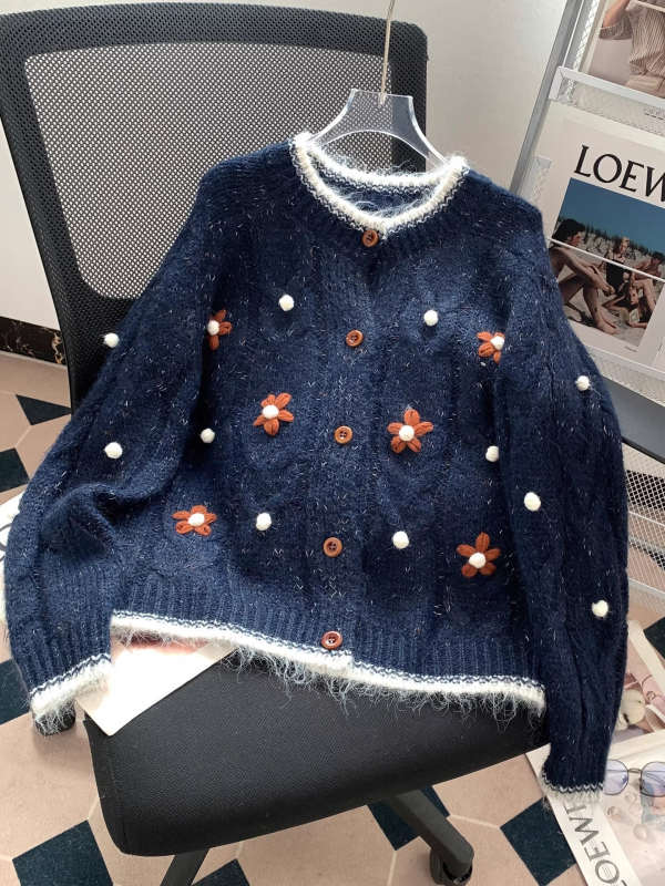 Cardigan, Amestec gros de lână, Broderie și Patchwork, Guler rotund, Mâneci lungi