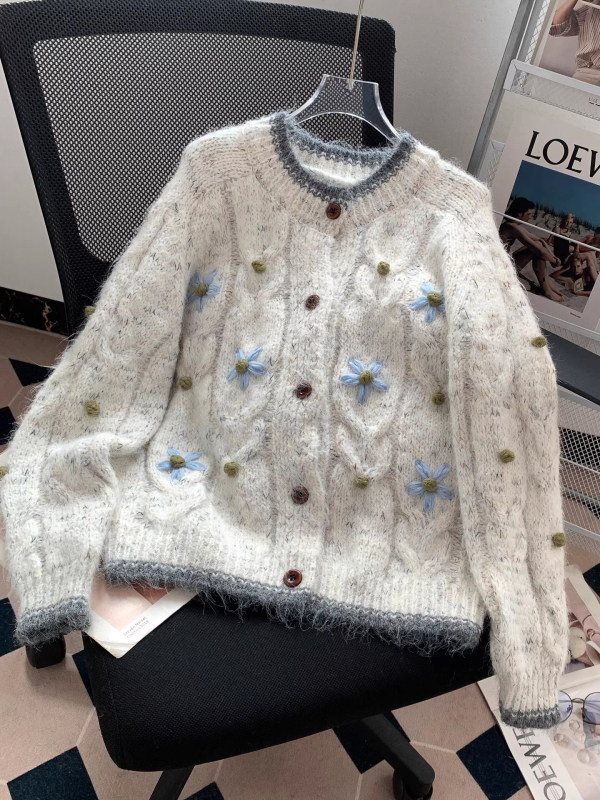 Cardigan, Amestec gros de lână, Broderie și Patchwork, Guler rotund, Mâneci lungi