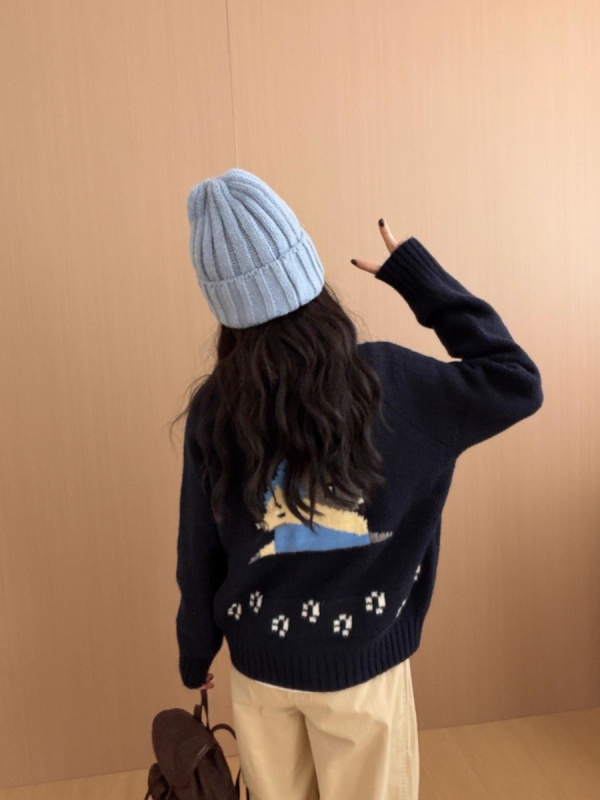 Cardigan tricotat din bumbac pentru femei, imprimeu cu câine în stil desen animat, guler turn-down, mâneci lungi