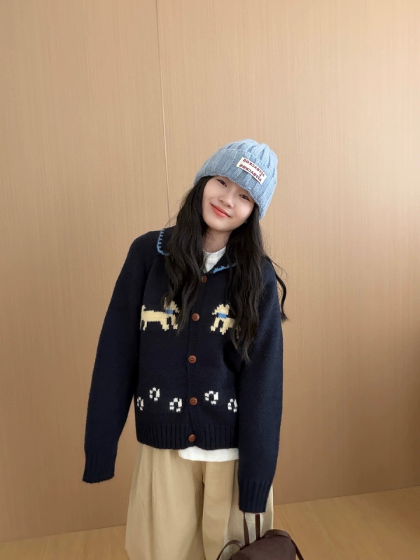 Cardigan tricotat din bumbac pentru femei, imprimeu cu câine în stil desen animat, guler turn-down, mâneci lungi