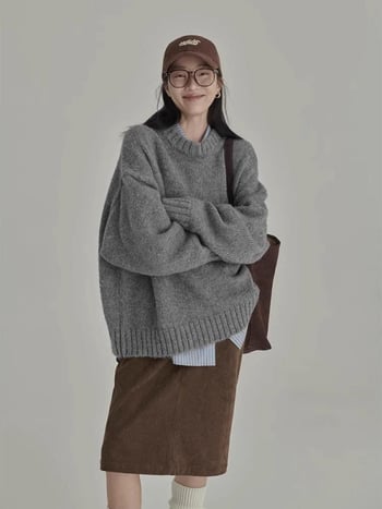 Ženski sivi debeli pleteni džemper s okruglim izrezom, za jesen-zimu, široka silueta, retro japanski stil