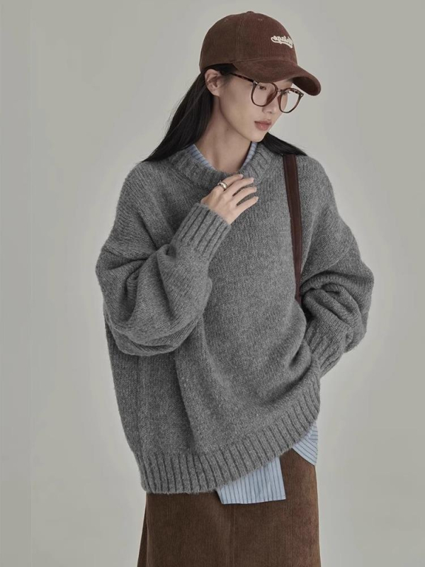 Ženski sivi debeli pleteni džemper s okruglim izrezom, za jesen-zimu, široka silueta, retro japanski stil