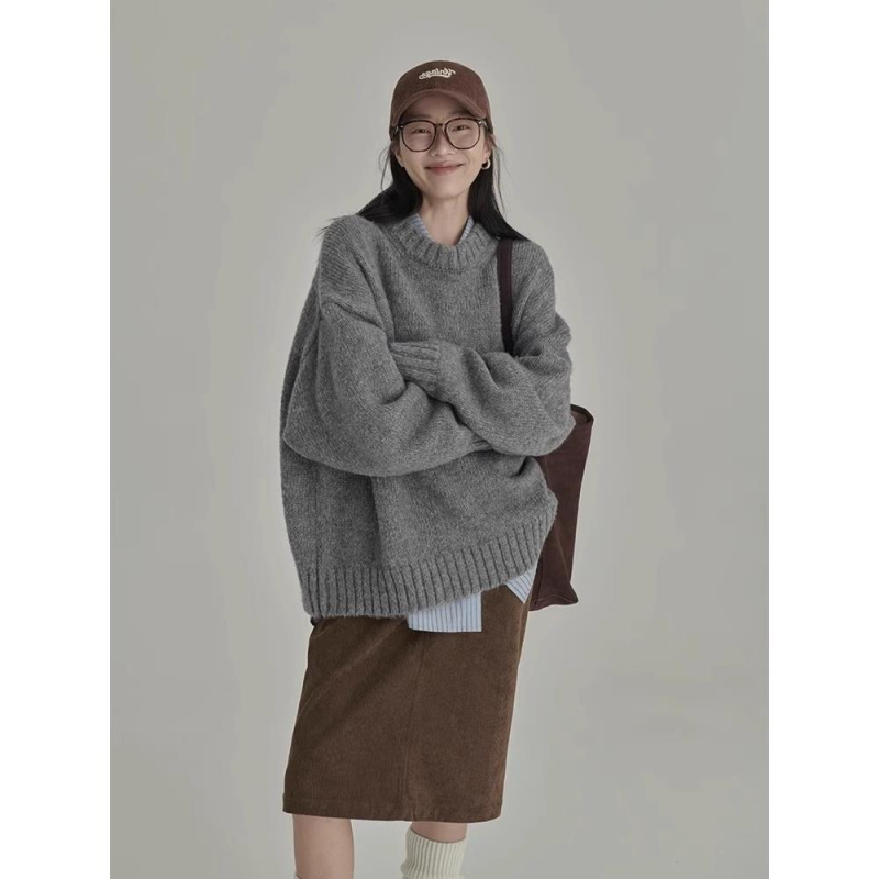 Ženski sivi debeli pleteni džemper s okruglim izrezom, za jesen-zimu, široka silueta, retro japanski stil