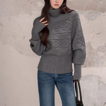 Ženski kapuljačasti pulover s visokim ovratnikom, kabel-knit pletenina, dugi rukavi, stisnuti struk, debela pletenina