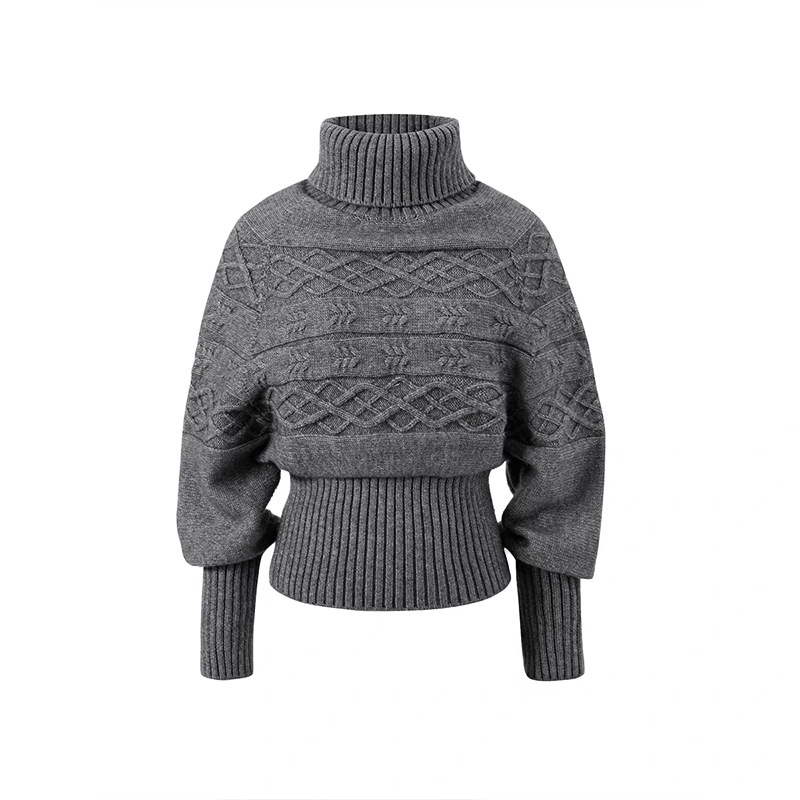 Ženski kapuljačasti pulover s visokim ovratnikom, kabel-knit pletenina, dugi rukavi, stisnuti struk, debela pletenina