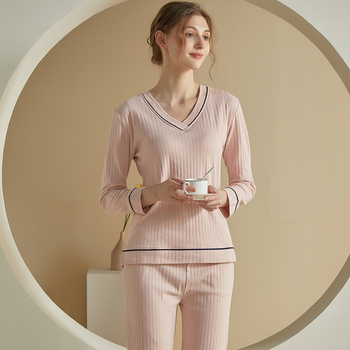 Set de pijamale din bumbac pentru femei, cu padding pentru bust integrat, mâneci lungi, decolteu în V, confortabil pentru acasă