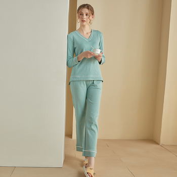 Set de pijamale din bumbac pentru femei, cu padding pentru bust integrat, mâneci lungi, decolteu în V, confortabil pentru acasă