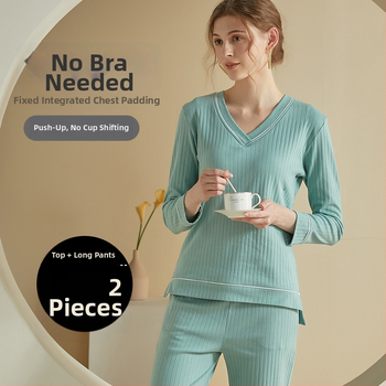 Set de pijamale din bumbac pentru femei, cu padding pentru bust integrat, mâneci lungi, decolteu în V, confortabil pentru acasă