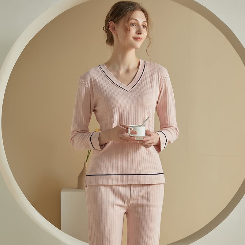 Set de pijamale din bumbac pentru femei, cu padding pentru bust integrat, mâneci lungi, decolteu în V, confortabil pentru acasă