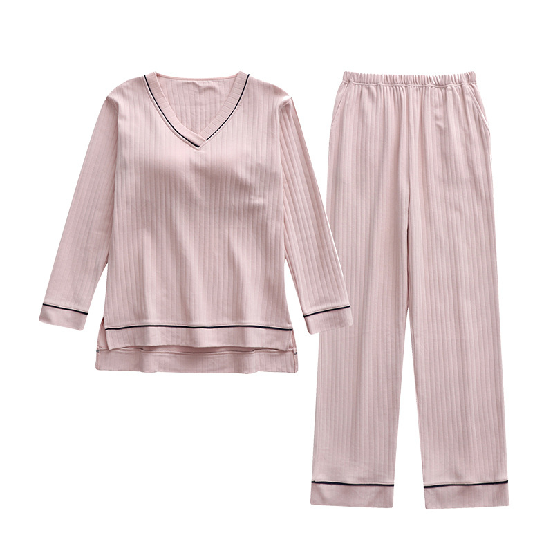 Set de pijamale din bumbac pentru femei, cu padding pentru bust integrat, mâneci lungi, decolteu în V, confortabil pentru acasă