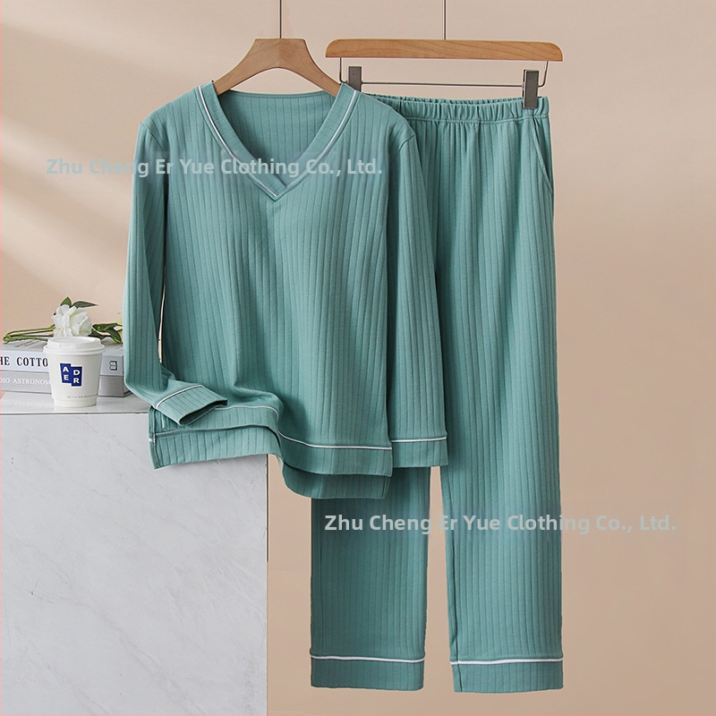 Set de pijamale din bumbac pentru femei, cu padding pentru bust integrat, mâneci lungi, decolteu în V, confortabil pentru acasă