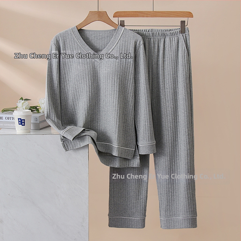 Set de pijamale din bumbac pentru femei, cu padding pentru bust integrat, mâneci lungi, decolteu în V, confortabil pentru acasă