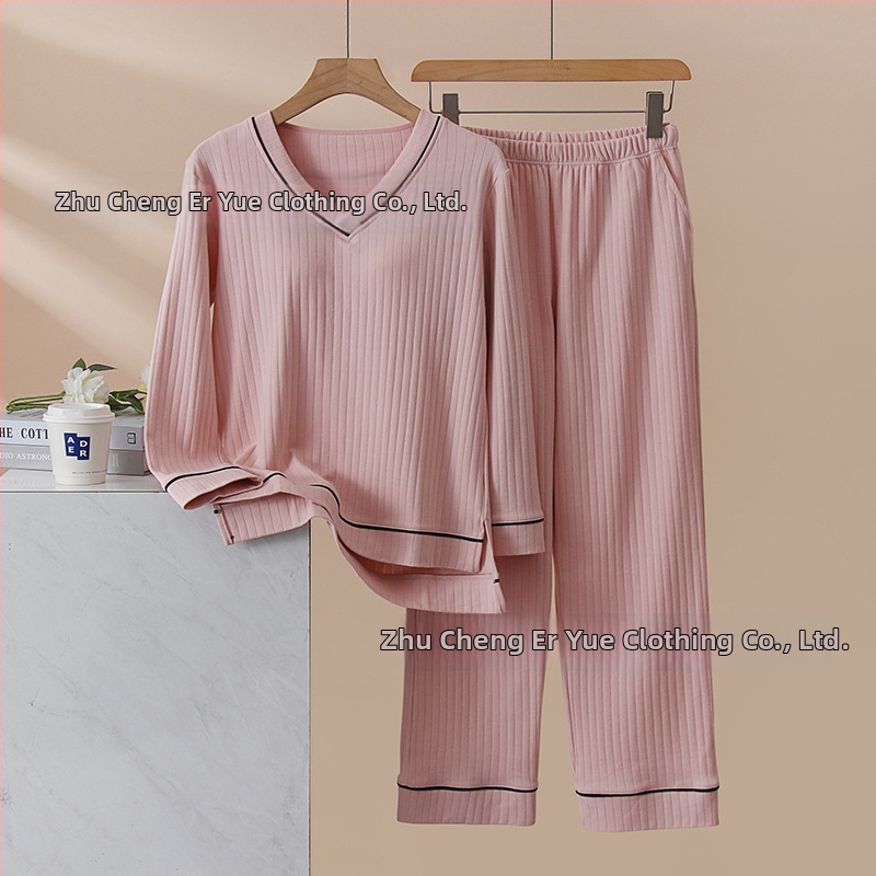 Set de pijamale din bumbac pentru femei, cu padding pentru bust integrat, mâneci lungi, decolteu în V, confortabil pentru acasă