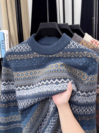 Muški debeli pleteni džemper s okruglim izrezom, retro žakard uzorak, topao za jesen i zimu