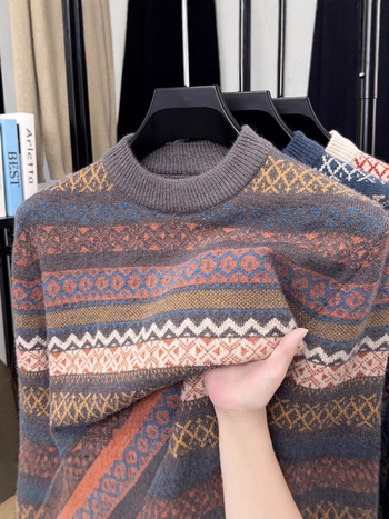 Muški debeli pleteni džemper s okruglim izrezom, retro žakard uzorak, topao za jesen i zimu
