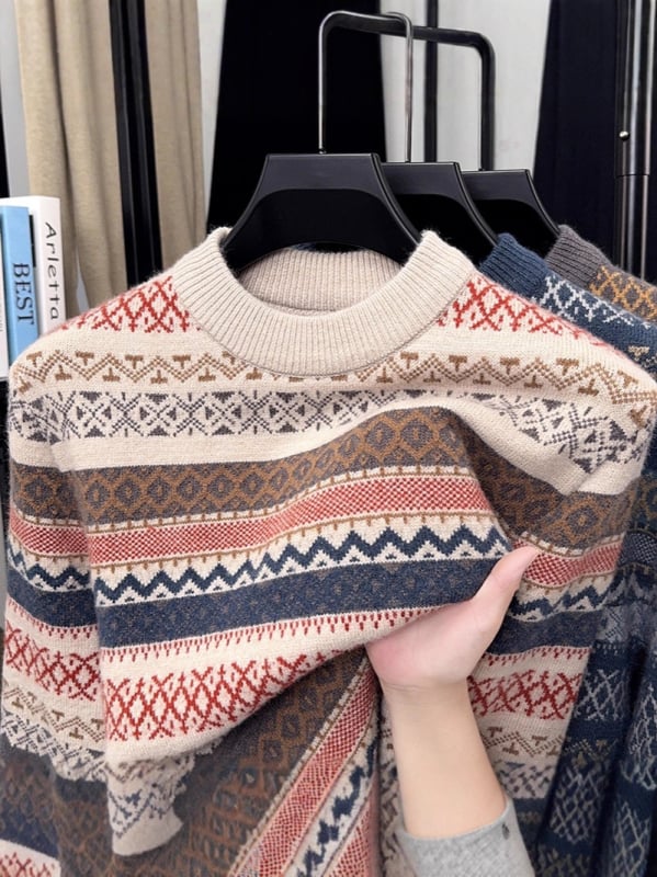 Muški debeli pleteni džemper s okruglim izrezom, retro žakard uzorak, topao za jesen i zimu