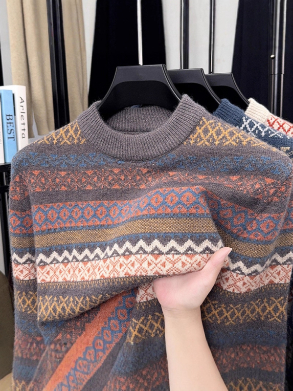 Muški debeli pleteni džemper s okruglim izrezom, retro žakard uzorak, topao za jesen i zimu