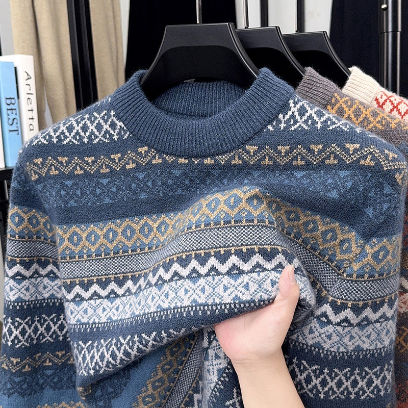 Muški debeli pleteni džemper s okruglim izrezom, retro žakard uzorak, topao za jesen i zimu