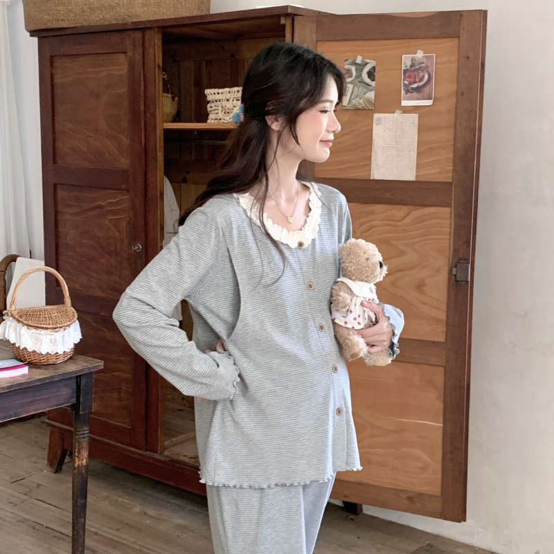 Mātīšu pidžāmu komplekts ar barošanas atveri, svītrainas, garas piedurknes, bikses komplekts, vilnas maisījums, poliesteris 90-95%, elastāns