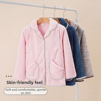 Top de pijama damă în stil cardigan, din coral fleece, 100% poliester, gros, mâneci lungi