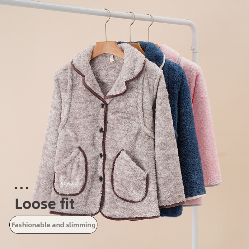 Top de pijama damă în stil cardigan, din coral fleece, 100% poliester, gros, mâneci lungi