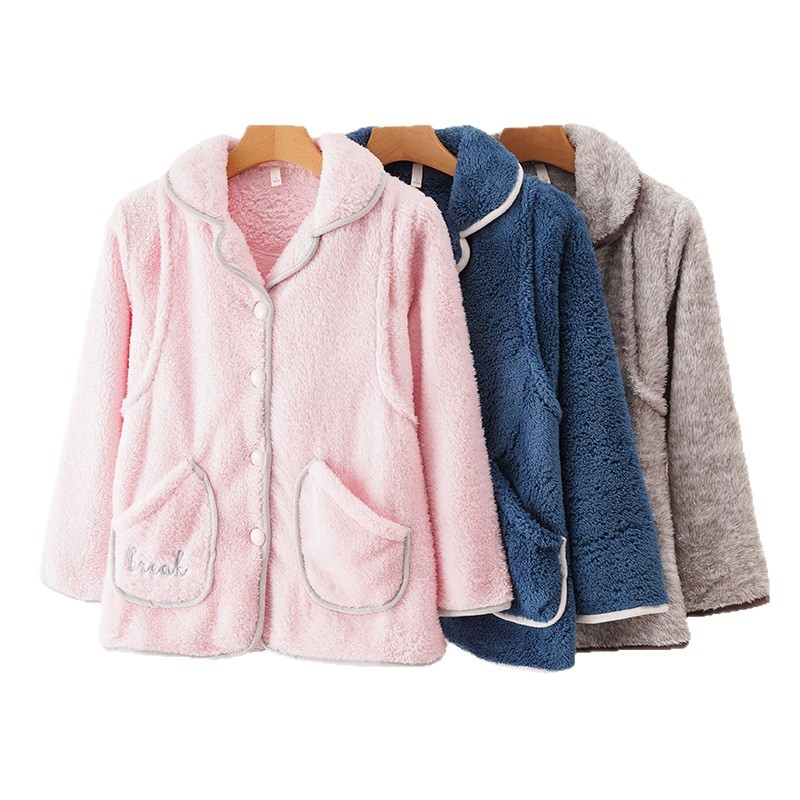 Top de pijama damă în stil cardigan, din coral fleece, 100% poliester, gros, mâneci lungi