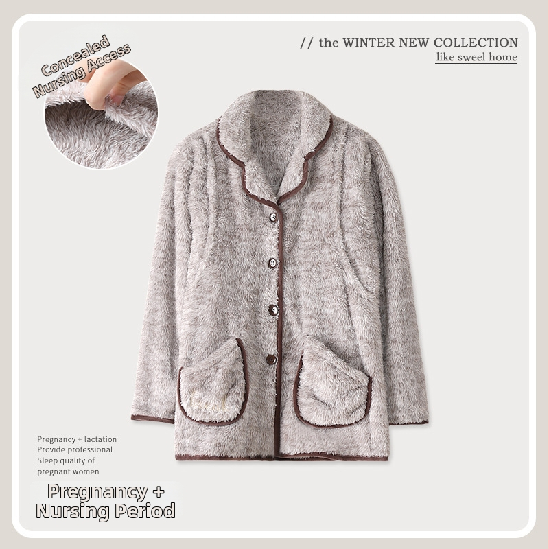 Top de pijama damă în stil cardigan, din coral fleece, 100% poliester, gros, mâneci lungi