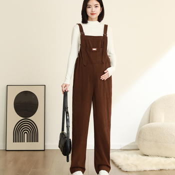 Corduroy trudnički overal, širok kroj, podrška trbuha, Poliester 95%+, Spandex <30%