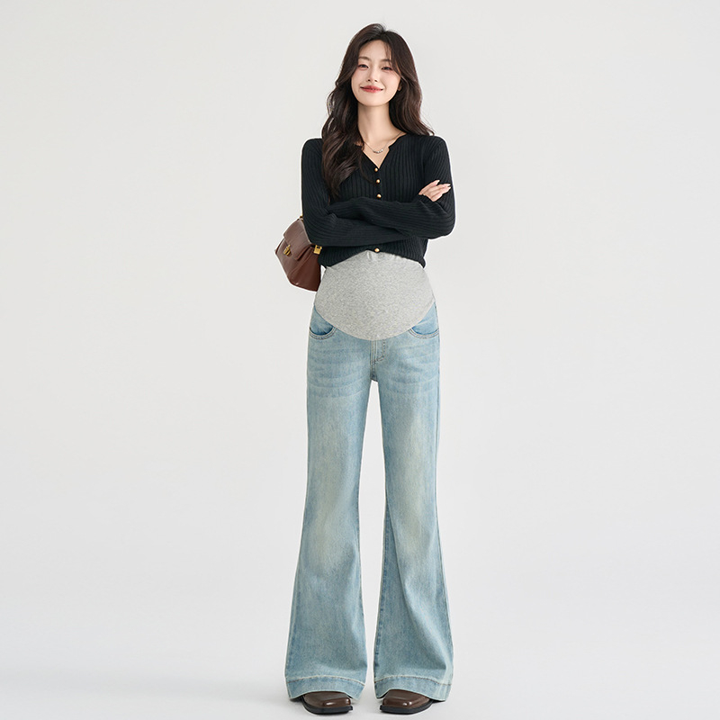 Tehotenské džínsy s velvetovou podšívkou, teplé a hrubé, Bell-Bottom Micro-Flare, bavlna 50–70% a iné 30–50%, mikroelastickosť