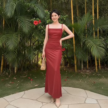 Vakara kleita ar fliteriem, sirenas siluets ar izteiktu jostu, poliesters, bez piedurknēm, gara svārka