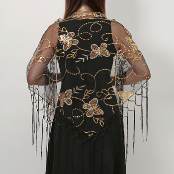 Τριγωνικό φουλάρι από πλέγμα με παγιέτες και μοτίβο πεταλούδας, φούντες; πολυεστέρας; κομψό στυλ για κοινωνικές εκδηλώσεις; κεντητή διακόσμηση; για όλες τις εποχές