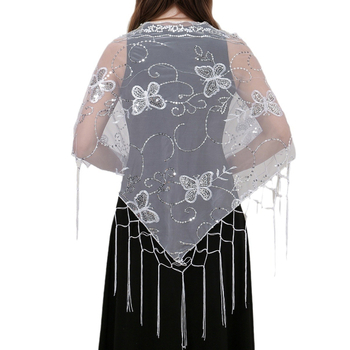 Τριγωνικό φουλάρι από πλέγμα με παγιέτες και μοτίβο πεταλούδας, φούντες; πολυεστέρας; κομψό στυλ για κοινωνικές εκδηλώσεις; κεντητή διακόσμηση; για όλες τις εποχές