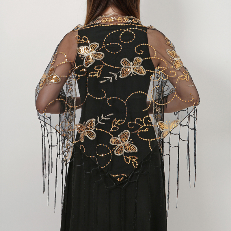 Τριγωνικό φουλάρι από πλέγμα με παγιέτες και μοτίβο πεταλούδας, φούντες; πολυεστέρας; κομψό στυλ για κοινωνικές εκδηλώσεις; κεντητή διακόσμηση; για όλες τις εποχές