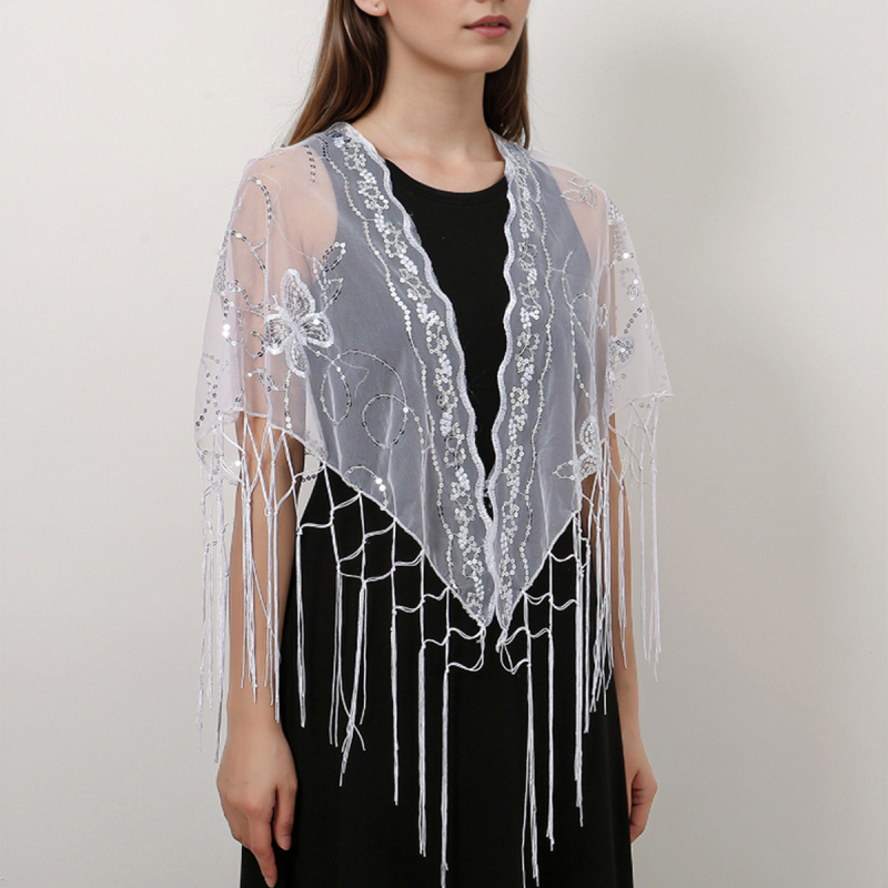 Τριγωνικό φουλάρι από πλέγμα με παγιέτες και μοτίβο πεταλούδας, φούντες; πολυεστέρας; κομψό στυλ για κοινωνικές εκδηλώσεις; κεντητή διακόσμηση; για όλες τις εποχές