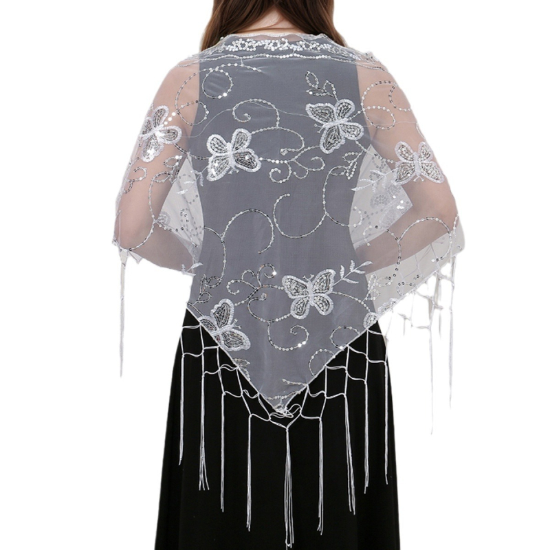 Τριγωνικό φουλάρι από πλέγμα με παγιέτες και μοτίβο πεταλούδας, φούντες; πολυεστέρας; κομψό στυλ για κοινωνικές εκδηλώσεις; κεντητή διακόσμηση; για όλες τις εποχές