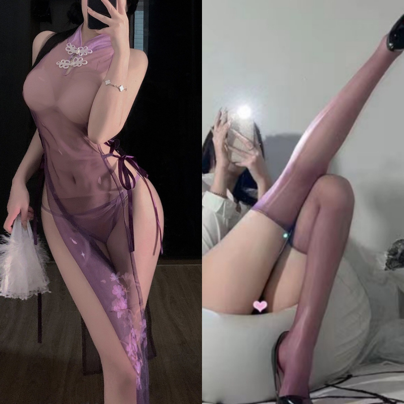 Cheongsam lingerie със прозрачен мрежест дизайн, цепка и презрамки; полиестер 70–80%