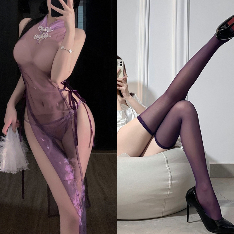 Cheongsam lingerie със прозрачен мрежест дизайн, цепка и презрамки; полиестер 70–80%