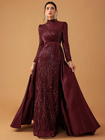 Estélyi ruha patchworkban, anyag: poliészter-spandex, álló gallér, hosszú ujjú